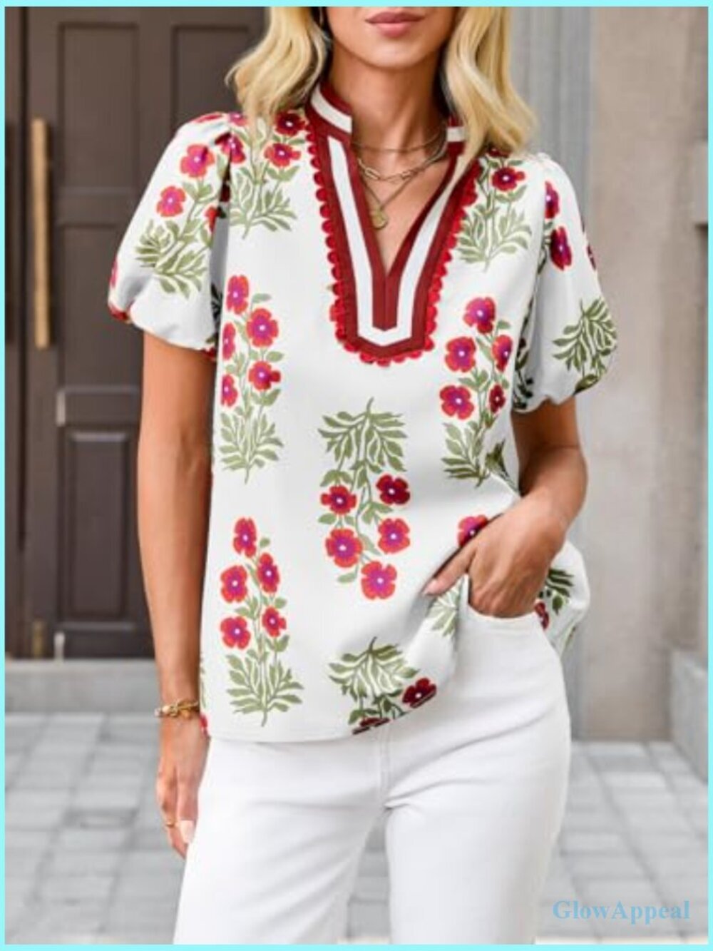 Floral Puff Sleeve V-Neck Blouse Boho Summer Top Dressy Casual Loose Fit - Picture 3 of 7